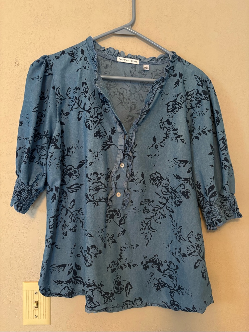 Notations Denim-Blue Floral Ruffle Henley Blouse